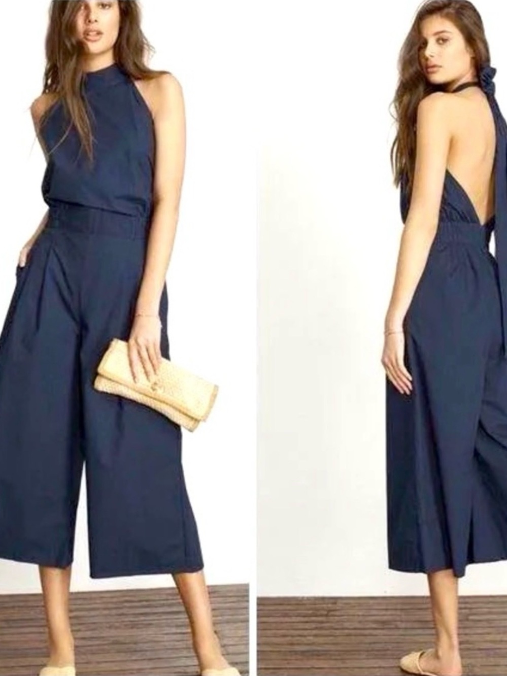 Faithfull The Brand Shore Halter Jumpsuit Open Back Navy Blue Wide Leg Crop